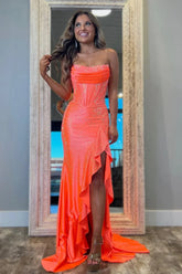 Sparkly Orange Mermaid Prom Dress with Strapless Bodice Lace Up Closure and Beaded Slit