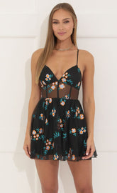 Mesh A-Line Dress in Black Floral