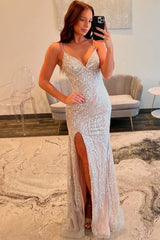 Silver Sequin Spaghetti Strap Mermaid Slit Prom Dress with Crisscross Lace-Up Back