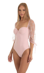 Sequin Puff Sleeve Bodysuit in Pink