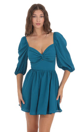 Puff Sleeve Twist Dress in Blue