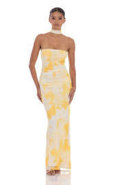 Scarf Mesh Floral Strapless Maxi Dress in Yellow