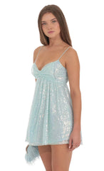Sequin Front Bow Babydoll Dress in Seafoam Blue