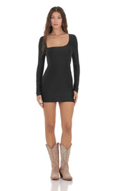 Asymmetrical Neckline Bodycon Dress in Black