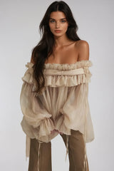 Aneirin Off Shoulder Mesh Ruffle Top