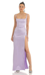 Satin Rhinestone Maxi Dress in Lilac