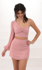One Shoulder Puff Sleeve Set in Mauve Dots