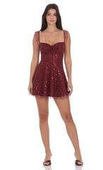 Sequin Ruffle Strap A-Line Dress in Burgundy