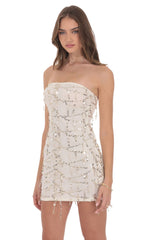 Strapless Sequin Fringe Dress in Ivory