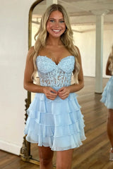 Charming A-Line Sweetheart Lace Top Short Tiered Chiffon Homecoming Dress