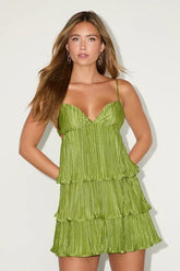 Sleek Dedication Green Satin Plisse Cutout Tiered Mini Dress