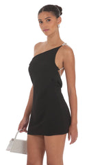 Pearl One Shoulder Satin Dress in Black