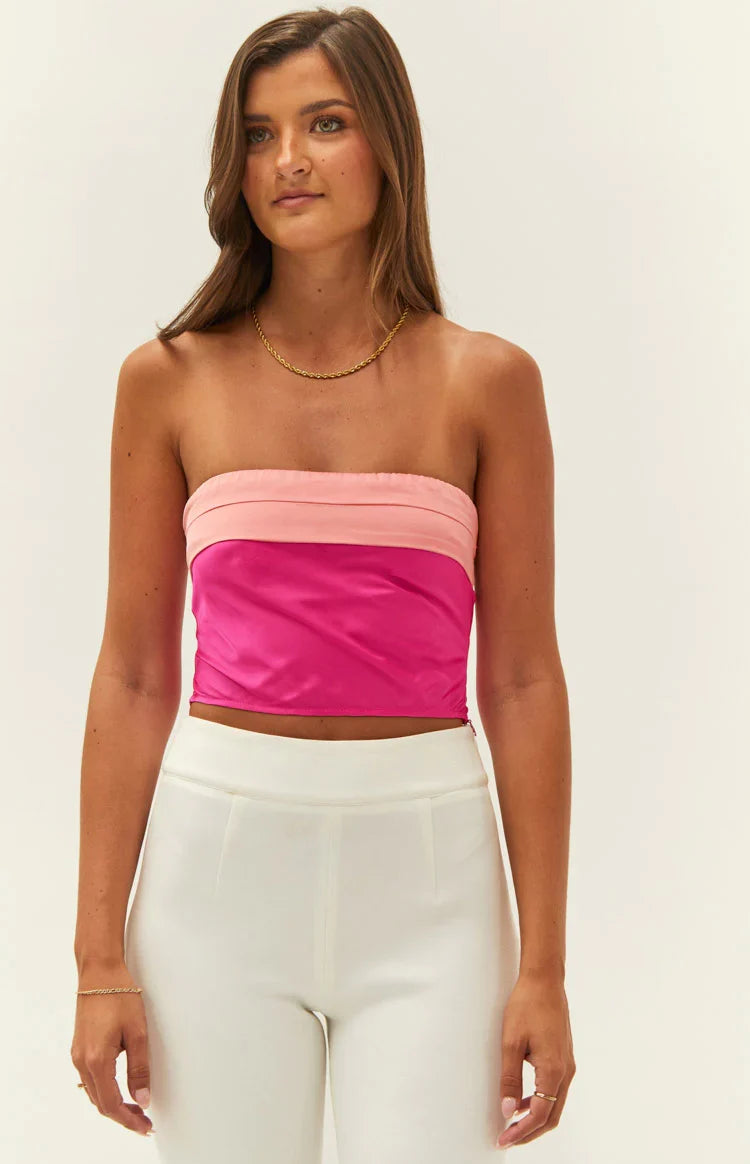 Milly Pink Satin Strapless Crop Top