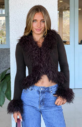 Violetta Chocolate Fur Trim Knit Cardigan
