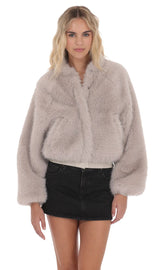 Faux Fur Bomber Jacket in Soft Taupe