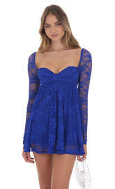 Long Sleeve Lace Babydoll Dress in Blue