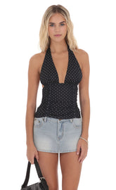 Polka Dot Ruched Halter Top in Black