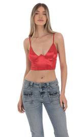 Satin V-Neck Crop Top in Red