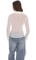 Sheer Mesh Button-Up Top in White