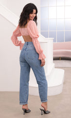 Sarah Puff Sleeve Front Tie Crop In Blush Chiffon Polka Dots