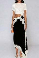 Bess Asymmetric Lace Satin Maxi Dress In Black