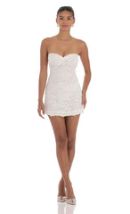 Embroidered Floral Strapless Dress in White
