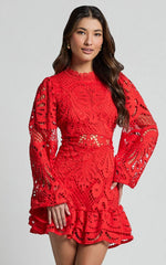 Kiss Me Now Mini Dress - Long Puff Sleeve Dress in Red Floral