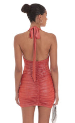 Foiled Ruched Bodycon Dress in Red