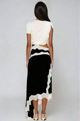 Bess Asymmetric Lace Satin Maxi Dress In Black