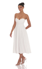 Lace Bust A-Line Midi Dress in White