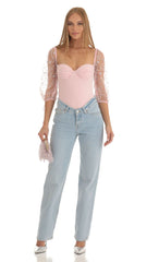 Sequin Puff Sleeve Bodysuit in Pink