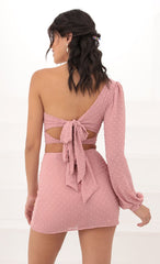 One Shoulder Puff Sleeve Set in Mauve Dots