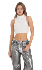 Fuzzy Knit Mock Neck Top in White