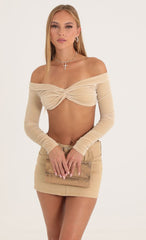 Velvet Off The Shoulder Top in Nude