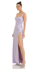 Satin Rhinestone Maxi Dress in Lilac