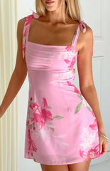 Akira Pink Floral Chiffon Tie Mini Dress