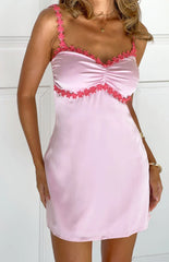 Breige Pink Flower Satin Party Mini Dress