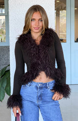 Violetta Chocolate Fur Trim Knit Cardigan