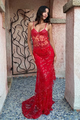 Hot Mermaid Spaghetti Straps Red Long Prom Dress with Embroidery