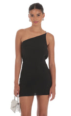 Pearl One Shoulder Satin Dress in Black