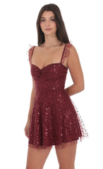 Sequin Ruffle Strap A-Line Dress in Burgundy