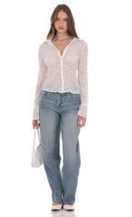Sheer Mesh Button-Up Top in White