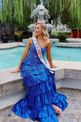 Strapless Hot A-Line Prom Dress with Keyhole Bodice Ruffle Skirt Slit and Lace Up Back