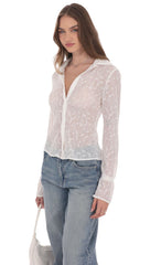 Sheer Mesh Button-Up Top in White